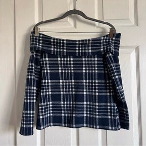Banana Republic Plaid Off-Shoulder Shirt - Navy and White